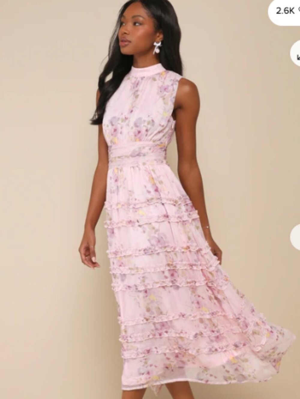 Lulus Happily Sweet Pink Floral Mock Neck Backless Tiered Midi Dress NWT S